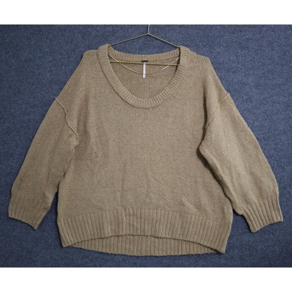 Free People Brookside Oversized‎ Sweater Beige Small Rib Knit Slouch Round Neck